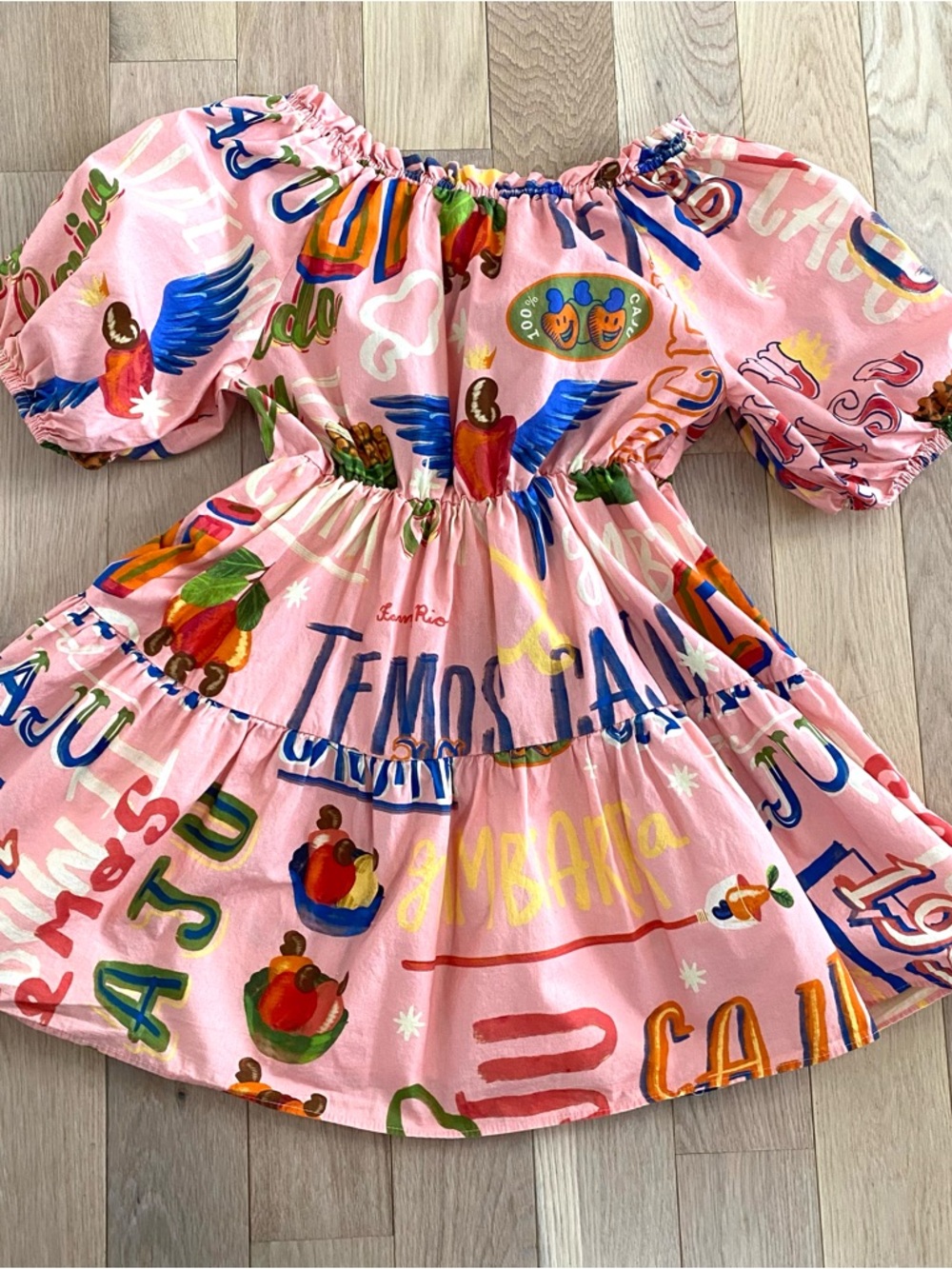 Farm Rio Puff Sleeve Juice Print Mini Dress Fruits Vegetables - Picture 9 of 11